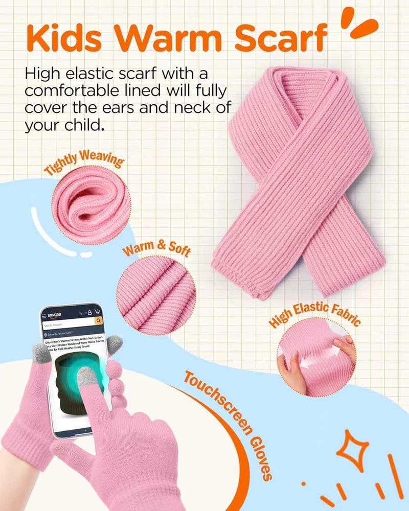 Wandx Kids Winter Hat Gloves Scarf Set Children Pompom Knit Beanie Warm Gloves with Thick Fleece for Boys Girls Ages 4-12 - Image 3